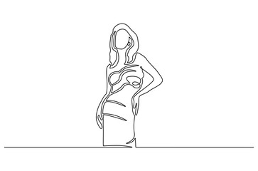 Continuous one line drawing of Woman with dress. Single line drawing illustration of Woman with beautiful dress. Modeling photo concept vector art. Doodle line illustration.