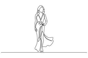 Continuous one line drawing of Woman with dress. Single line drawing illustration of Woman with beautiful dress. Modeling photo concept vector art. Doodle line illustration.