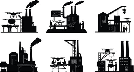 Industrial drone technology, factory automation, smart manufacturing, modern industry, drone delivery, production line, future technology, innovation, artificial intelligence, robotics