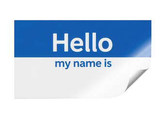 Blue white hello name tag isolated on a transparent background
