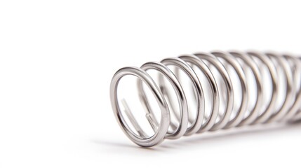 Close up view of a shiny metal spring coil on white background