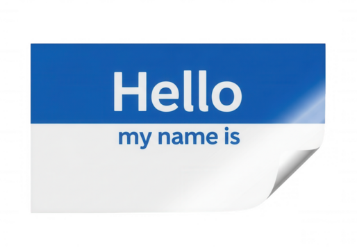 Blue white hello name tag isolated on a transparent background