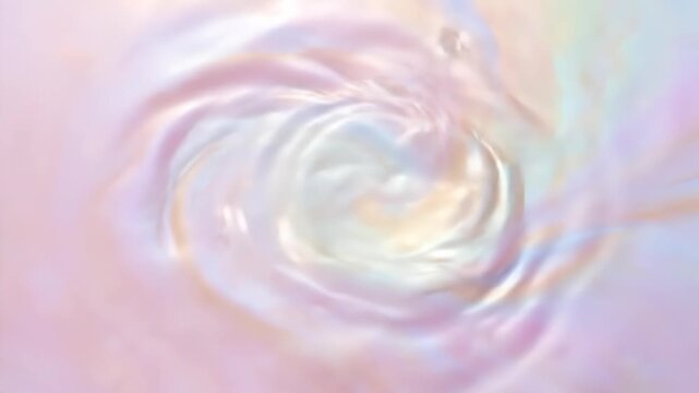 White liquid stream flows into a pastel iridescent swirling pool creating a dreamy and magical abstract background.
