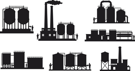 Industrial facility silhouettes, chemical plant icons, smokestacks, storage tanks, piping systems, energy production, infrastructure, refinery, manufacturing site, engineering layout