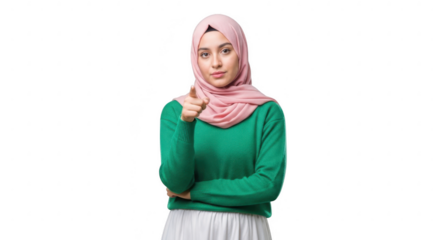 Empowering gaze: A confident individual, adorned in a headscarf and casual attire, extends a gesture of directness and assurance.