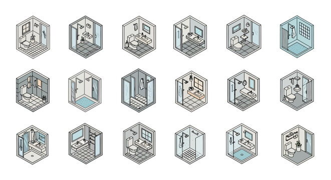 Collection of Hand Drawn Isometric Bathroom Illustrations.