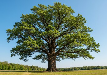 Obraz premium Majestic Oak Tree with Lush Green Leaves Under Clear Blue Sky in Open Field Landscape