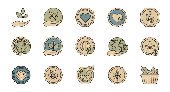 Collection of nature themed badges and emblems with leaves and plants.