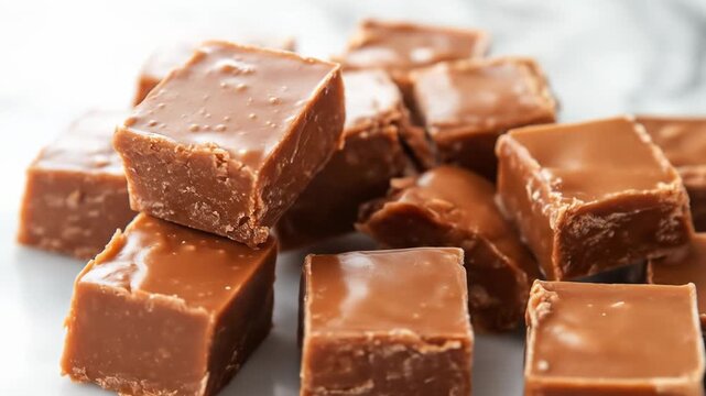 Delicious chocolate fudge pieces arranged on a marble surface.