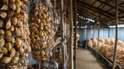A warehouse with rows of hanging bags of dried beans.