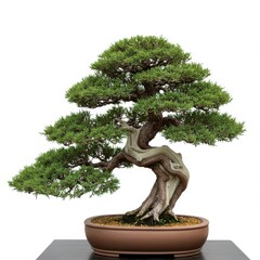 Elegant Bonsai Tree Displayed on Stand with Intricate Twisting Trunk and Lush Green Foliage