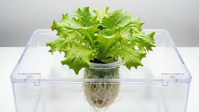 Clean scientific timelapse of a vibrant hydroponic lettuce plant growing from seedling to full maturity