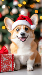 An adorable corgi puppy wearing a New Year's hat and holding a gift against a backdrop of festive lights. A concept for celebrating Christmas and New Year's with pets.