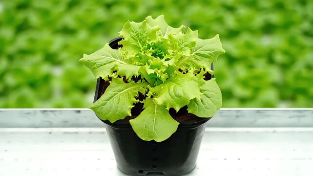 Natural timelapse shows fresh green lettuce seedling growing in a pot developing into a healthy plant