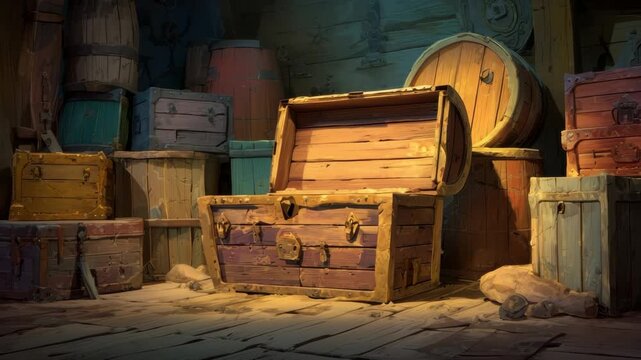 A wooden treasure chest sits open among old crates and barrels in a rustic, dimly lit wooden room, evoking an adventurous pirate theme