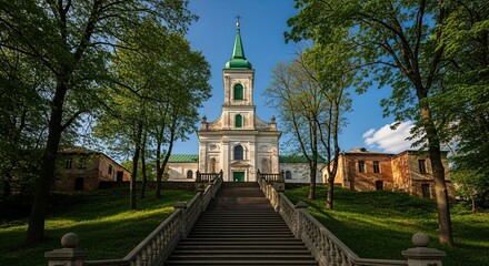 Fototapeta premium Historic Church with Grand Staircase and Lush Greenery