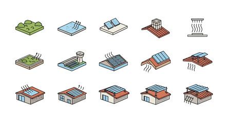 Geothermal and Solar Energy Building Icons Set.