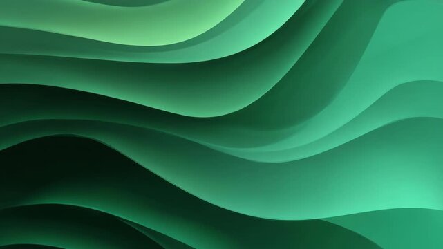 Green abstract layered wave shapes flowing in smooth digital style on a dark background, representing fluidity and motion concept