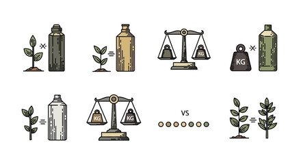 Hand drawn icons comparing chemical pesticides and organic farming methods.
