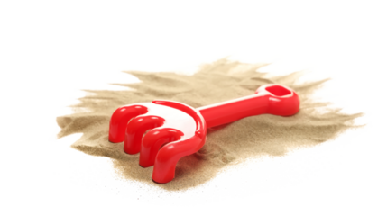 Plastic red rake, beach toy for kids in sand, isolated on white background	