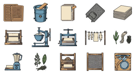 Hand Drawn Icon Set of Vintage Papermaking Process and Tools.