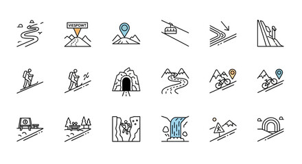 Hand Drawn Mountain Road and Outdoor Adventure Icon Set.