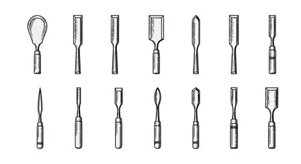 Hand drawn set of various woodworking chisels and gouges.