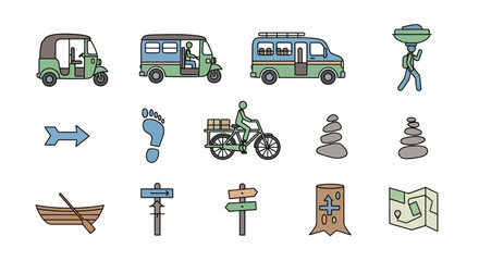 Hand drawn travel and transportation icon set collection.