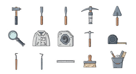 Hand Drawn Vector Icons of Archaeological Equipment.