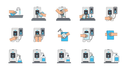 Hand hygiene process with soap dispenser and hand sanitizer.