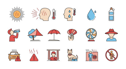 Heatwave and Sunstroke Prevention Color Icon Set.