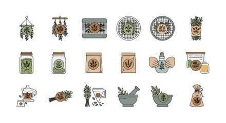 Herbalism and Apothecary Hand Drawn Icon Collection Set.