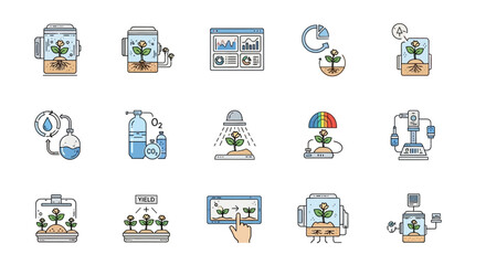 Hydroponic System and Plant Cultivation Icons.