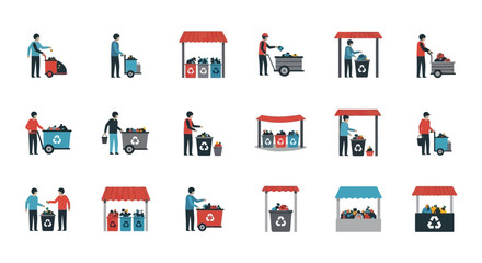 Icon Set of People Sorting Waste for Recycling.