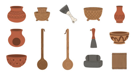 Illustrated Set of Ancient Pottery and Prehistoric Tools.