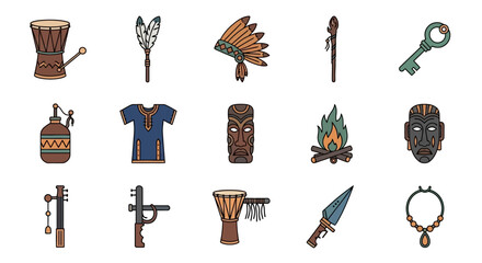 Illustrated Collection of Ancient Tribal Artifacts and Symbols.