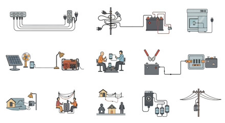 Illustrations of Electrical Power Systems and Energy Solutions for Homes and Businesses.