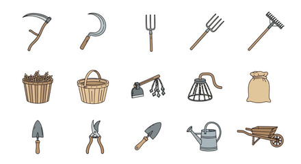 Illustrated Set of Rustic Farm and Garden Tools.