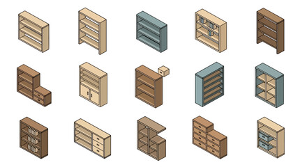 Isometric Bookshelves Collection - Diverse Designs for Home and Office Storage.