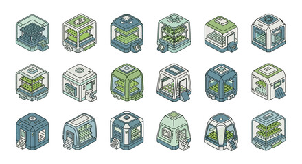 Isometric collection of futuristic biodomes and vertical farming modules.