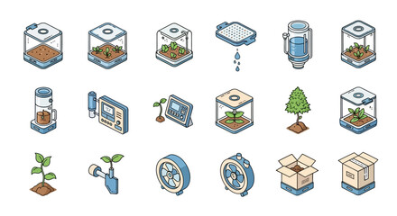 Isometric Icons Representing Indoor Gardening and Plant Cultivation.
