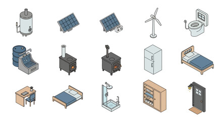 Isometric Sustainable Living Icons - Renewable Energy and Eco-Friendly Home Elements.