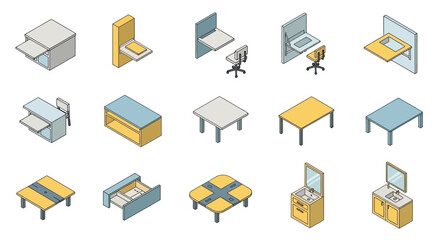 Isometric furniture collection showcasing various tables chairs and cabinets.