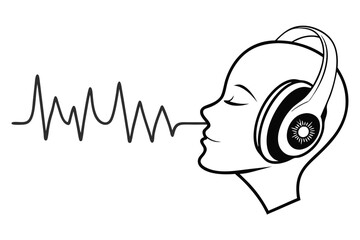 Profile of a Woman with Headphones and Sound Waves in a Clean Design