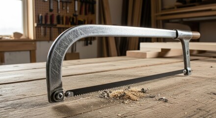 A rusty metal saw with a wooden handle lies on a wooden table with sawdust and wood shavings scattered around.