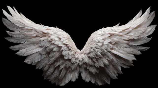Large white angel wings fully extended, realistic style with detailed feathers, isolated on black background, symbolizing purity and divinity