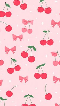 Playful pattern of cherries and bows, scattered on a soft pink background