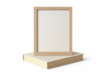 Blank wooden picture frame standing on a book, creative home decor display mock-up, transparent background