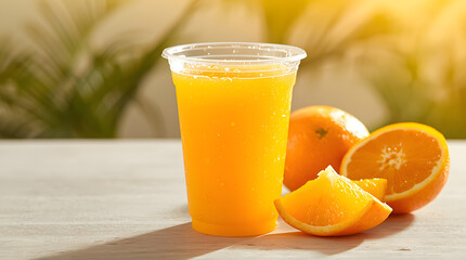 A clear plastic cup filled with orange juice is placed on a wooden surface.