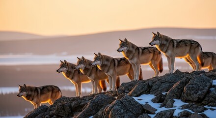 A pack of wolves standing on a rocky outcrop with a sunset in the background.
